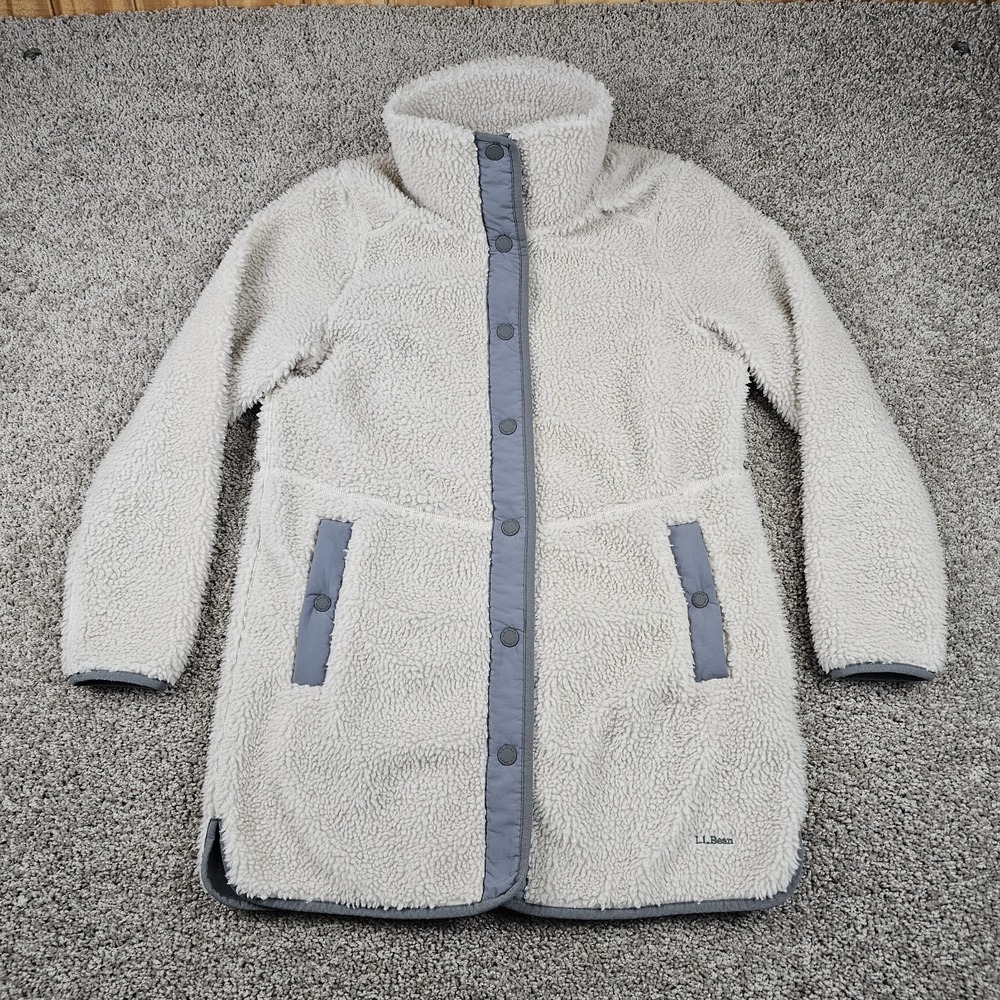 LL Bean Coat Women's SP Small Pet Beige Beans Sherpa Fleece Snap Up Jacket Long